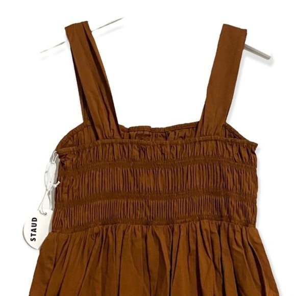 NWT Staud Ida Smocked Cotton Midi Dress, Color Tan, Size L - Picture 6 of 13